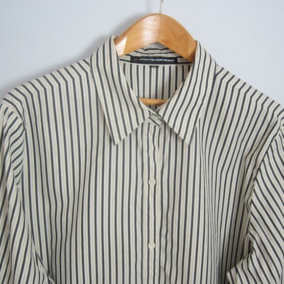 Company Ellen Tracy Womens Plus 2X Ivory Black Striped Cotton LS Shirt Blouse - Picture 1 of 12